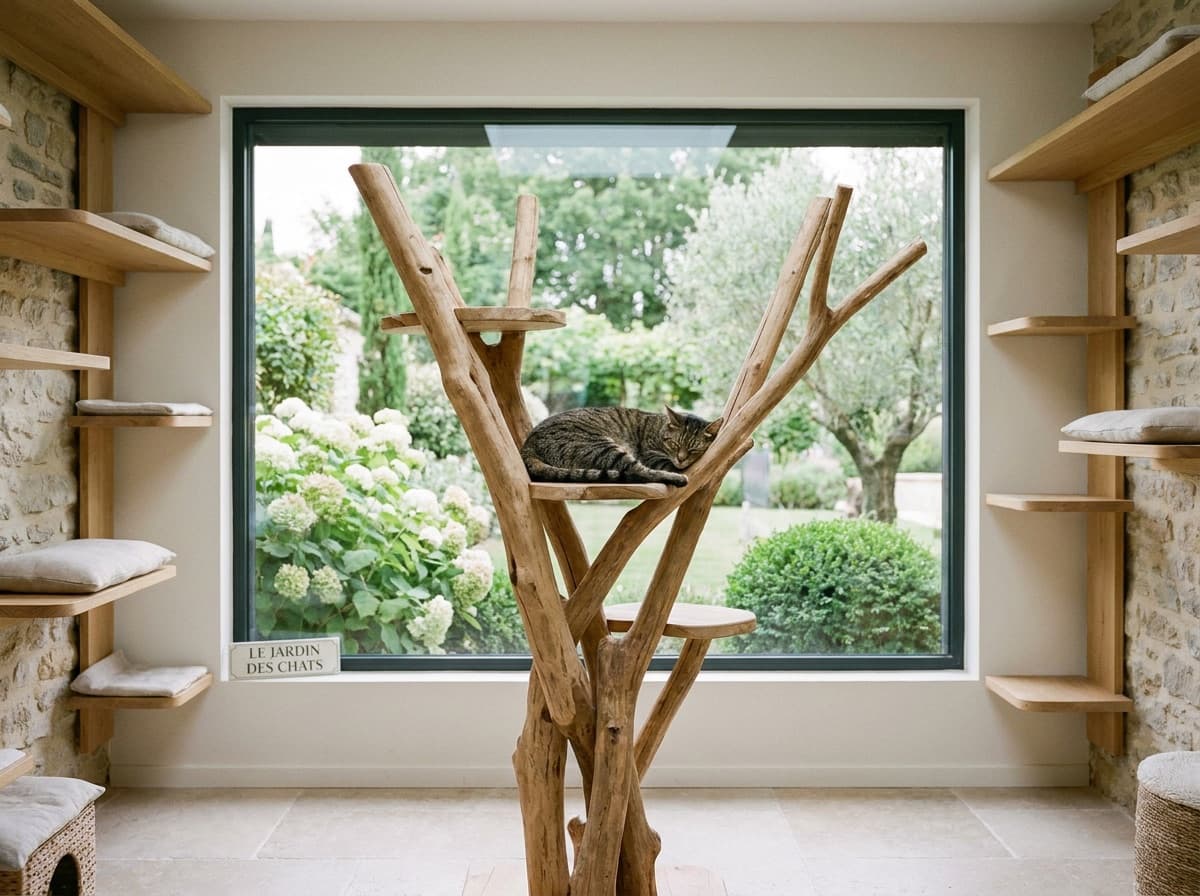Chatterie vitrée et lumineuse, un chat installé confortablement face au jardin