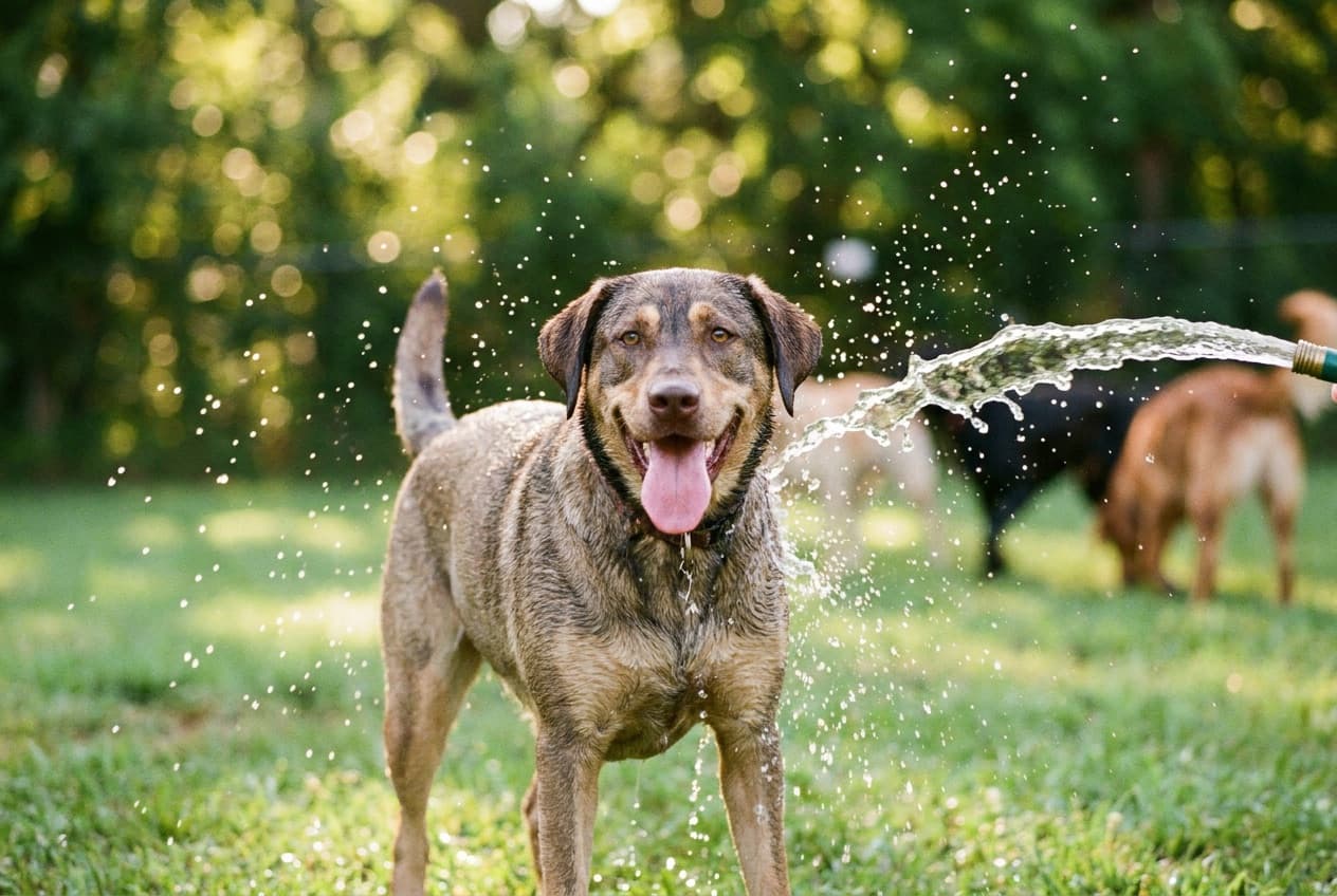 Praline pendant une session de jeux d'eau, photo envoyée par la pension