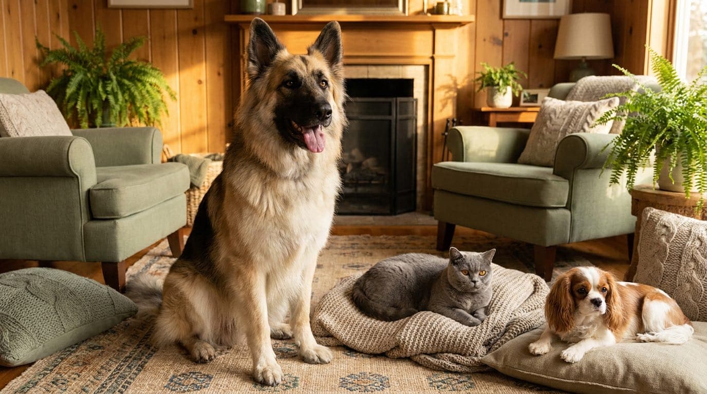 Volcom et ses amis (un chat et un cavalier king charles) dans un salon chaleureux, l'esprit d'une bonne pension